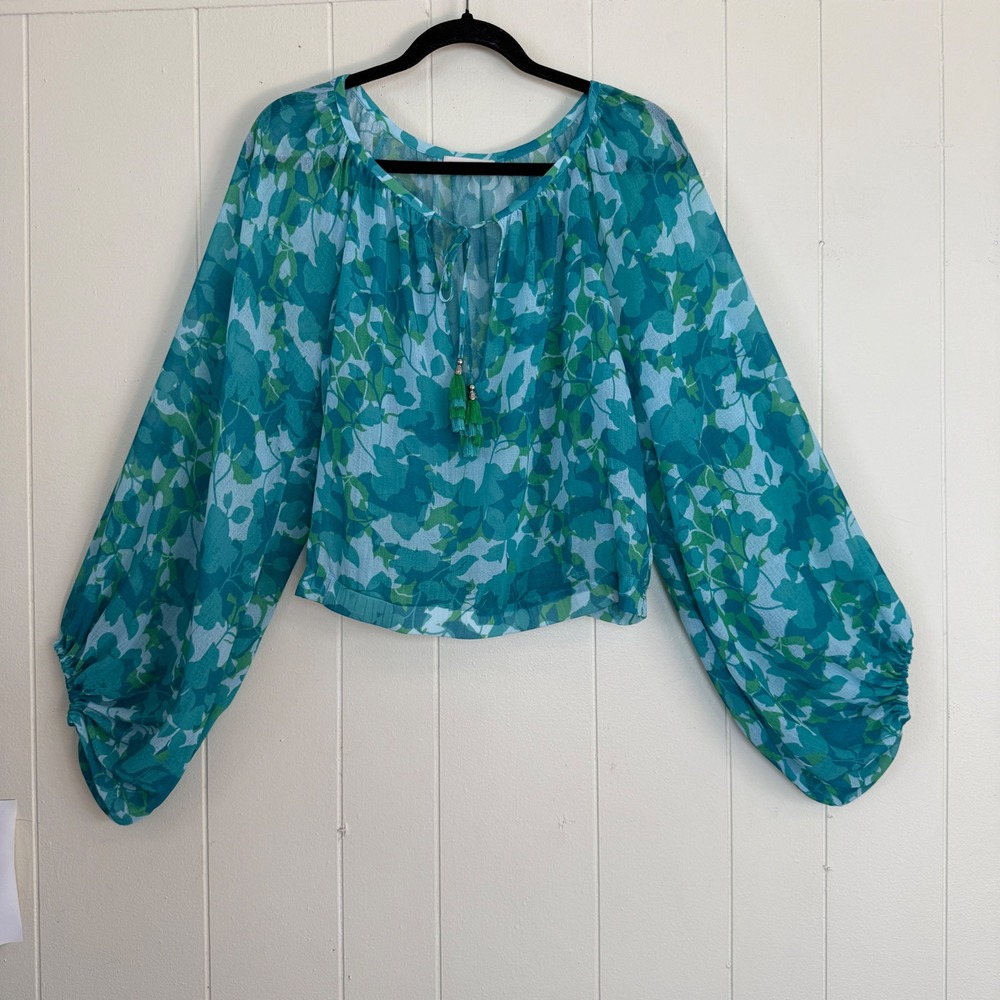 Ramy Brook Womens Floral Ethereal Tassel Tie Neck Balloon Sleeve Sheer Blouse M